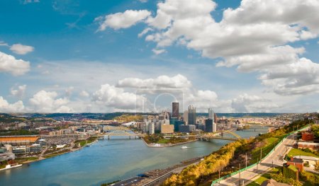 Photo for Panoramic aerial view of downtown Pittsburgh, Pennsylvania at the intersection of three rivers, the Allegheny, the Monongahela, and the Ohio, taken from atop Mount Washington - Royalty Free Image