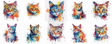 Ilustración de Conjunto de coloridos gatos acuarela - Imagen libre de derechos