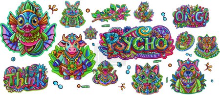 Set psychedelischer Charaktere und Elemente, Kaninchen, Fische, Schlange, Katze, Hund, Kuh, Tiger isolierter weißer Hintergrund