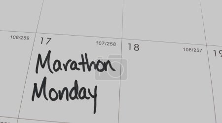 Téléchargez les photos : Marathon Lundi marqué sur un calendrier le Jour des Patriotes pour la course du marathon de Boston. - en image libre de droit