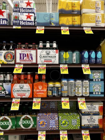 Photo for Selection of non-alcoholic beers on the shelf in the liquor department of a Jewel-Osco grocery store in the Chicago area - Royalty Free Image