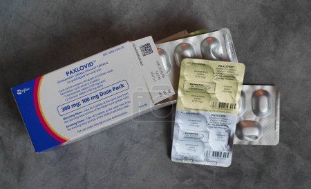Téléchargez les photos : Paxlovid, traitement sur ordonnance pour COVID-19. Il contient les médicaments antiviraux nirmatrelvir et ritonavir et a été développé par Pfizer. - en image libre de droit