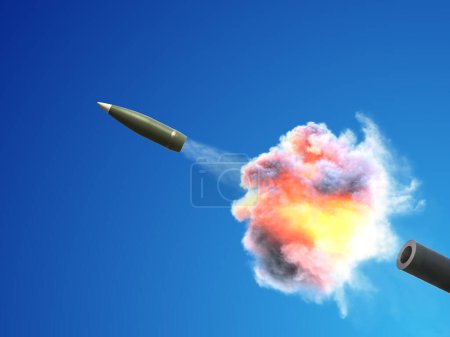 Téléchargez les photos : Le vol d'un projectile lors d'un tir de canon. Illustration 3d. - en image libre de droit
