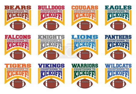 Ilustración de Football Team Design Bundle Color - Countdown to Kickoff es una colección de plantillas de diseño de equipo que incluye 12 diseños escolares diferentes a todo color con texto, un poste de gol gráfico y un balón de fútbol. Ideal para camisetas, tazas y publicidad. - Imagen libre de derechos