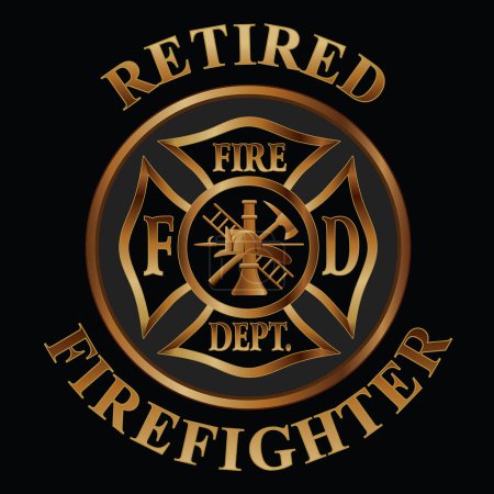 Illustration for Retired Firefighter Cross Gold is a vector design of a classic Maltese cross firefighter symbol inside of a circular shape with Retired Firefighter text encircling it.  ideal for buttons and stickers. In beautiful gold simulated colors. - Royalty Free Image