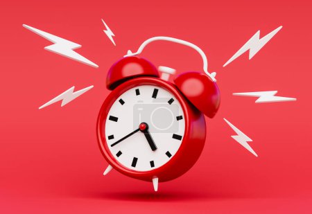 Foto de Sonando despertador rojo sobre fondo rojo. 3D representación de un reloj sonando fuerte alarma - Imagen libre de derechos