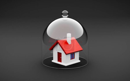 Téléchargez les photos : Une maison couverte d'un dôme de verre. 3d rendu de maison ou illustration de sécurité hypothécaire - en image libre de droit