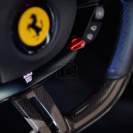 Foto de Detail of the Ferrari 296 GTS steering wheel. Katowice, Poland, 17.10.2022 - Imagen libre de derechos