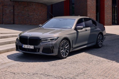 Photo for BMW 740D xDrive in front of the NOSPR concert hall. G12 model, 340 HP engine, acceleration 0-100 km-h - 5s Katowice, Poland, 12.06.2021 - Royalty Free Image