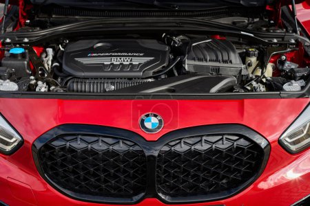 Photo for Engine and grill of the BMW M135i, M Performance, 306hp, 0-100 km/h - 4,8s. Katowice, Poland, 09.17.2020 - Royalty Free Image