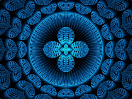 The art of mathematics is quite beautiful.  This is a lovely blue flower flame fractal with four petals surrounded by exciting designs.  There is a nice texture to this image.