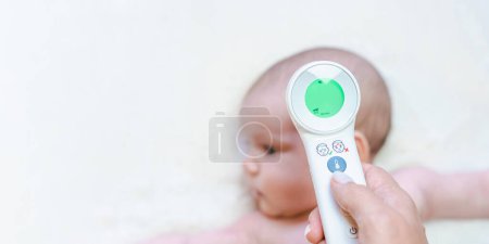Thermometer kid fever banner. Doctor check cold flu baby temperature care from electronic thermometer. Child sick, kid health care, flu temperature background