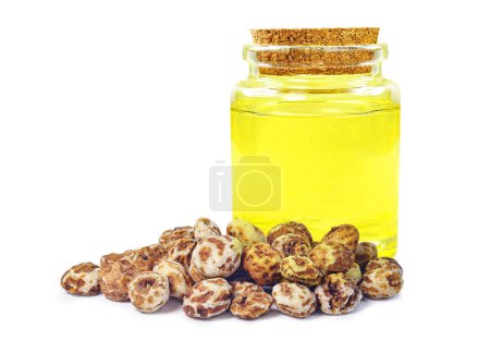 Photo for Tiger nut oil in bottle isolated on white background - Royalty Free Image