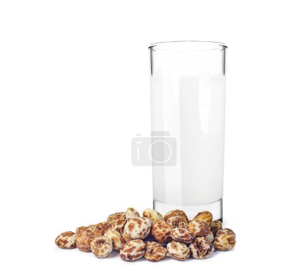 Photo for Tiger nut milk drink in glass isolated on white background - Royalty Free Image