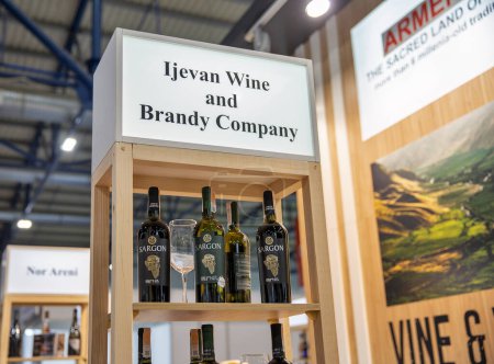 Photo for Kyiv, Ukraine - November 02, 2021: Sargon wine bottles on Armenian Ijevan Wine and Brandy Company booth at Wine and Spirits Exhibition, main event for wine and spirits market in Eastern Europe. - Royalty Free Image