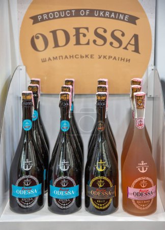 Photo for Kyiv, Ukraine - November 02, 2021: Prestige Odessa sparkling wine Ukrainian winery booth at Wine and Spirits Exhibition, main event for wine and spirits market in Eastern Europe. - Royalty Free Image