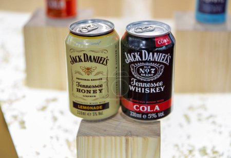 Photo for Kyiv, Ukraine - November 04, 2021: Jack Daniels Tennessee Honey and Whiskey cocktail cans at Wine and Spirits Exhibition, main event for wine and spirits market in Eastern Europe. - Royalty Free Image