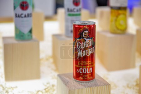 Photo for Kyiv, Ukraine - November 04, 2021: Captain Morgan cocktail can at Wine and Spirits Exhibition, main event for wine and spirits market in Eastern Europe. - Royalty Free Image