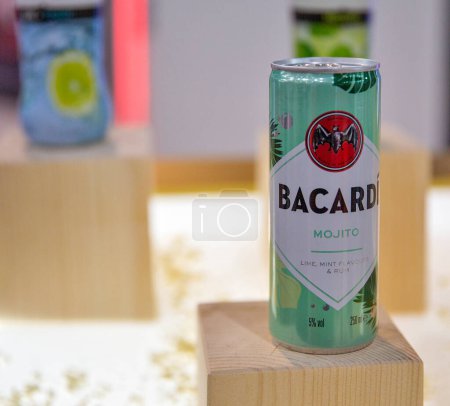 Photo for Kyiv, Ukraine - November 04, 2021: Bacardi Mojito cocktail can at Wine and Spirits Exhibition, main event for wine and spirits market in Eastern Europe. - Royalty Free Image