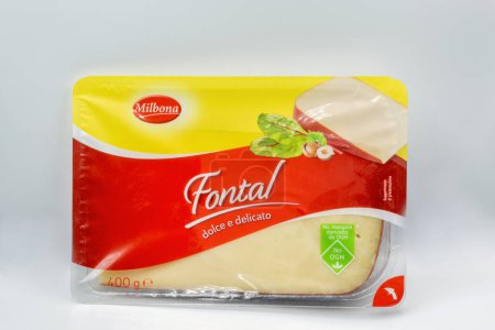 Foto de Kiev, Ucrania - 06 de noviembre de 2021: Sesión de estudio del primer plano del paquete italiano de queso Milbona Fontal sobre fondo blanco. - Imagen libre de derechos