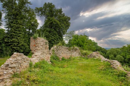 Photo for Medieval Halych Castle ruins under stormy sky. Ivano-Frankivsk region, Ukraine. - Royalty Free Image