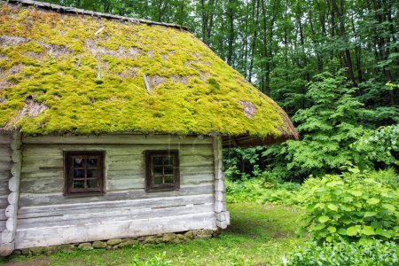 Ethnisches Holzhaus mit Reetdach im Museum für Volksarchitektur und Leben der Karpaten in Halych, Westukraine.