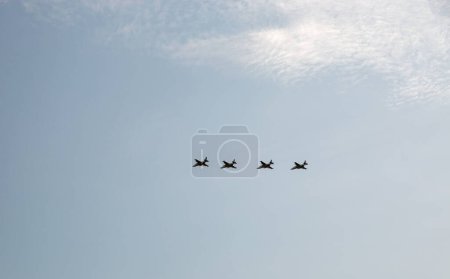 Photo for Kyiv, Ukraine - August 22, 2021: Group of flying military aircrafts SU-25 during parade dedicated to Independence Day of Ukraine. - Royalty Free Image