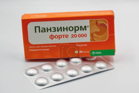 Photo for Kyiv, Ukraine - March 29, 2024: Panzynorm pancreatin 10000 drug by KRKA for pancreatic exocrine insufficiency which may be caused by chronic pancreatitis, cystic fibrosis, partial pancreatectomy. - Royalty Free Image