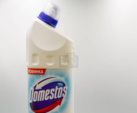 Photo for Kyiv, Ukraine - September 02, 2022: Domestos extended power fresh blue bottle closeup on white background. Domestos is a British household cleaning range manufactured by the Unilever. - Royalty Free Image