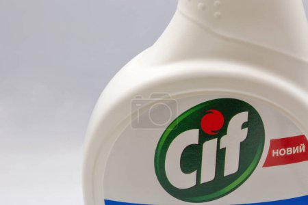 Kyiv, Ukraine - June 01, 2022: Studio shoot of Cif cleaning agent for calcareous and soap scum dispenser closeup on white.