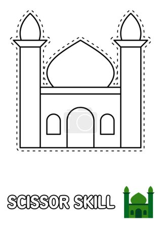 Téléchargez les illustrations : Page de compétences ciseaux avec mosquée pour enfants - en licence libre de droit