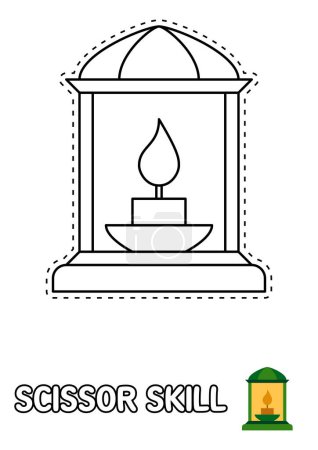 Téléchargez les illustrations : Page de compétences en ciseaux avec lampe à huile pour enfants - en licence libre de droit