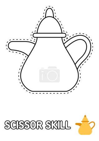 Téléchargez les illustrations : Page de compétences en ciseaux avec pot à thé pour enfants - en licence libre de droit