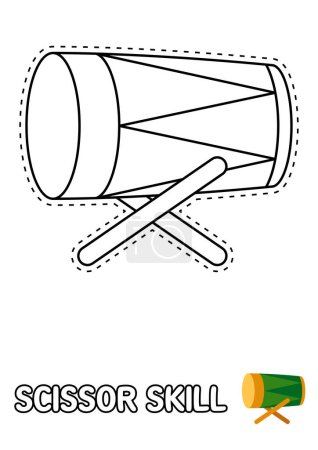 Téléchargez les illustrations : Page de compétences en ciseaux avec tambour pour enfants - en licence libre de droit