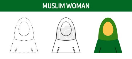Illustration for Muslim Woman tracing and coloring worksheet for kids - Royalty Free Image