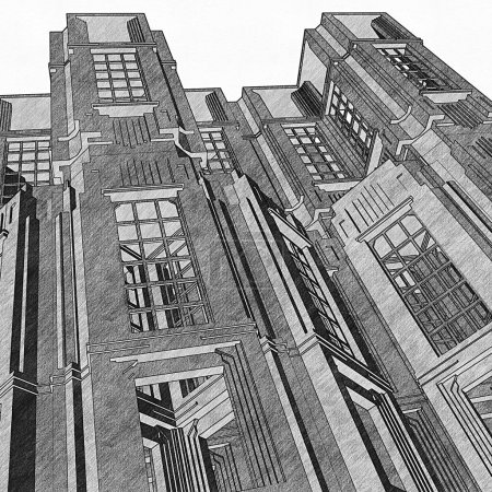 Photo for Abstract Art Deco Building Construction Structure. Graphite Pencil Drawing Illustration Isolated On White Background. An Illustration Of Skyscraper. - Royalty Free Image