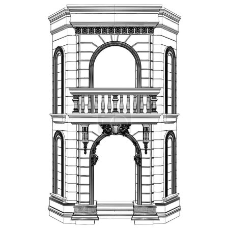 Illustration for Eclectic House Corner Entrance Vector. Isolated Illustration On White Background. A Vector Illustration Of A Corner Building Entrance With Balcony. - Royalty Free Image