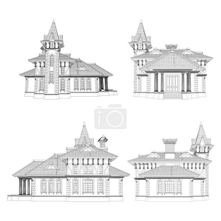 Victorian Residential House Vector. Illustration Isolated On White Background. 