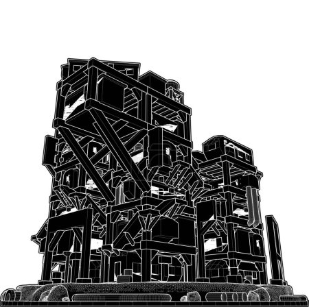 Illustration for Abstract Apocalyptic Futuristic Building Vector. Construction Structure Illustration Isolated On White Background. - Royalty Free Image