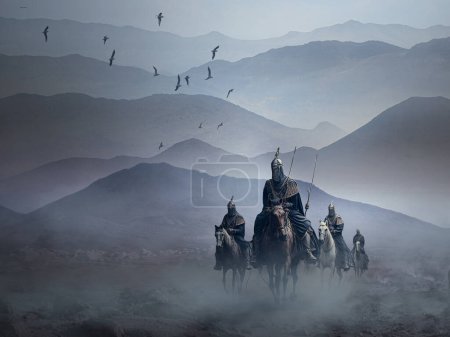 Foto de Saladin Al Ayubi and his cavalry crossing the desert with layering mountain background - Imagen libre de derechos