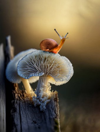 Foto de Little snail on the beautiful mushroom with top side lighting - Imagen libre de derechos