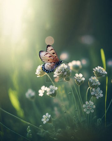 Foto de Beautiful flower and butterfly on natural green-yellow background, close-up, outdoors. Elegant refined image of beauty of nature. - Imagen libre de derechos