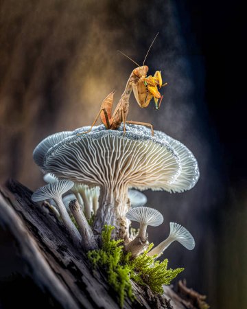 Foto de Depredador de la mantis rezando en el hongo blanco - Imagen libre de derechos