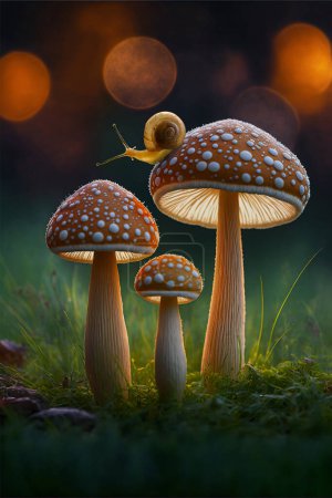 Foto de Little snail on the beautiful mushroom with top side lighting - Imagen libre de derechos