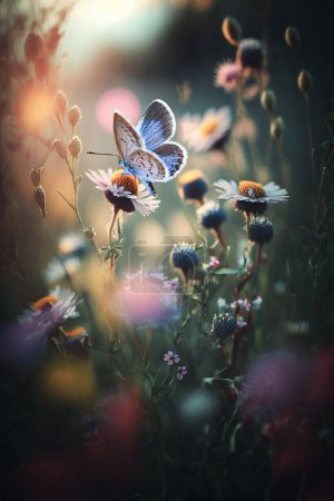 Foto de Hermosa mariposa en vuelo y rama de albaricoque floreciente en primavera al amanecer sobre fondo azul claro y violeta macro. Elegante naturaleza de imagen artística. - Imagen libre de derechos