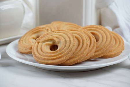 Photo for Sweet and tasty round butter cookies. Round ring shaped German spritz biscuits - Royalty Free Image