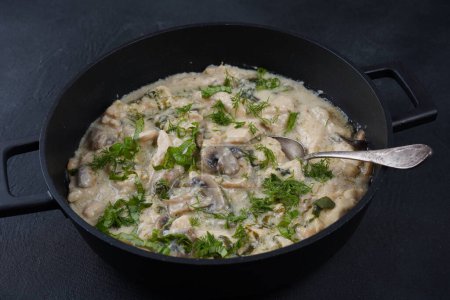 Téléchargez les photos : Fricassee - Cuisine française. Poulet cuit dans une sauce crémeuse aux champignons dans une casserole - en image libre de droit