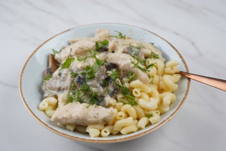 Fricassee - French Cuisine. Chicken stewed in a creamy sauce with mushrooms in a plate