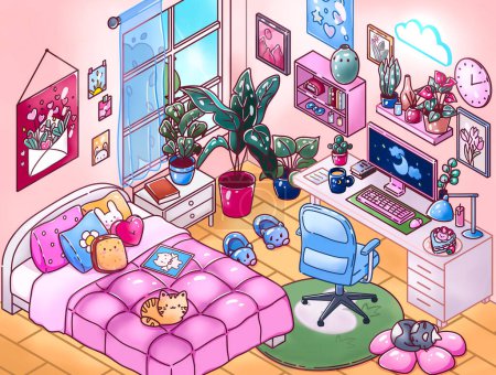 Photo for Cute kawaii room interior design for girl in isometric style. Cartoon illustration. - Royalty Free Image