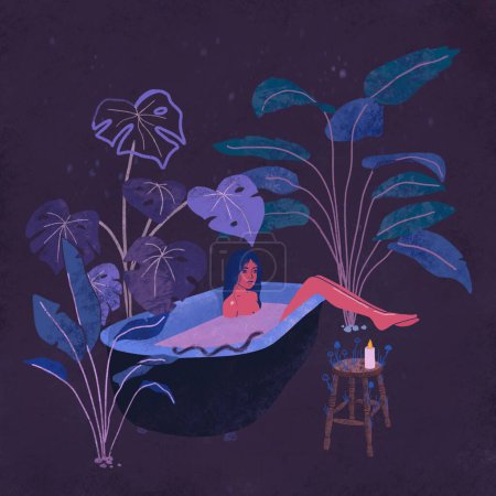 Téléchargez les photos : Sombre féminin. Femme prenant un bain entouré de plantes exotiques. - en image libre de droit